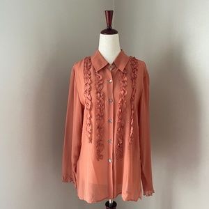 Vintage Susan Bristol 100% Silk Peach Ruffle Front Button Down Blouse Medium